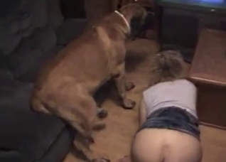 She's on all fours, seducing a dog